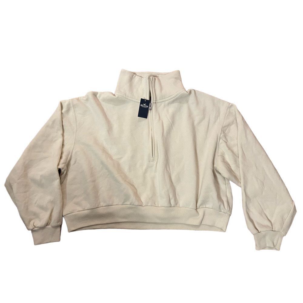 Hollister NWT Crop Sweatshirt Quarter Zip Baggy Loose Fit Size XL Cream